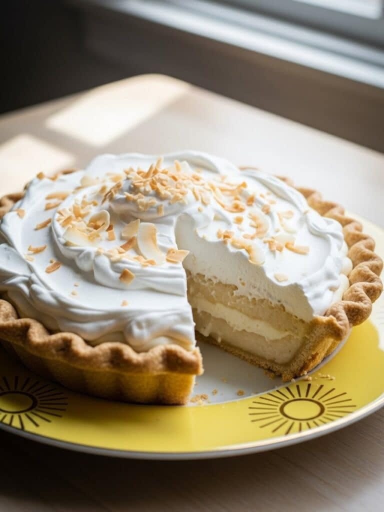 Coconut Cream Pie on yellow plate with golden rim