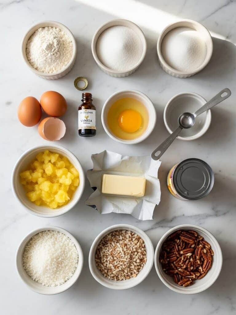 Do Nothing Cake ingredients arranged on marble countertop