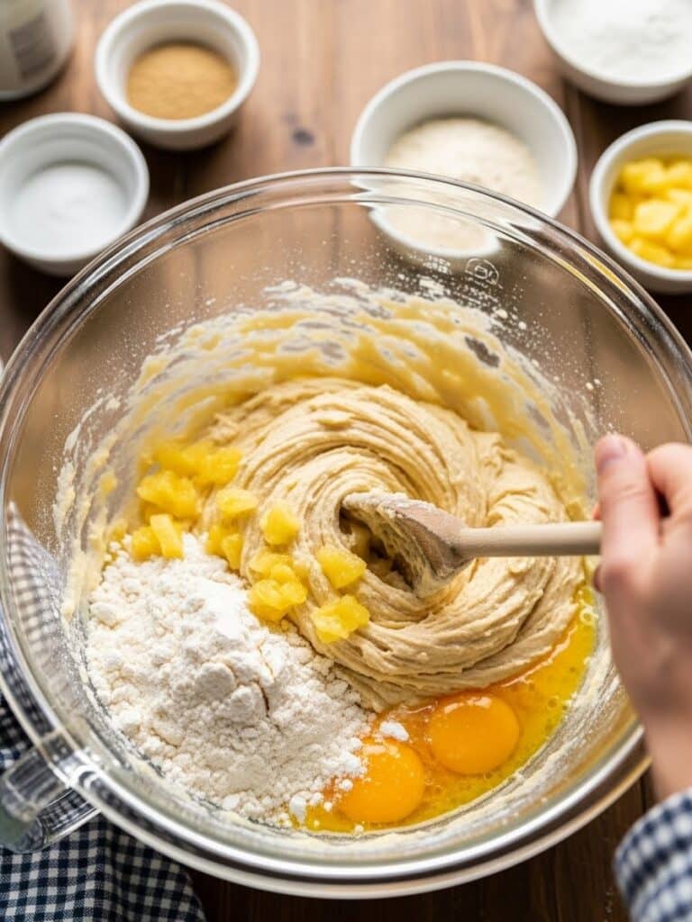 Mixing Do Nothing Cake batter by hand with crushed pineapple and vanilla