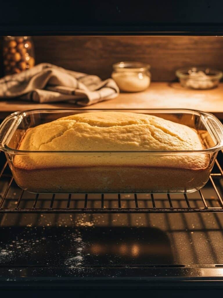 Golden Do Nothing Cake baking in the oven until fluffy and moist