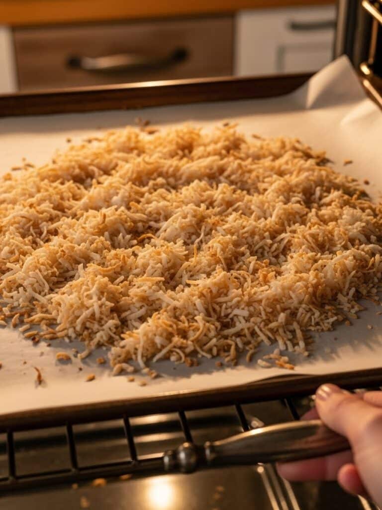 Toasting shredded coconut for Do Nothing Cake topping until golden brown
