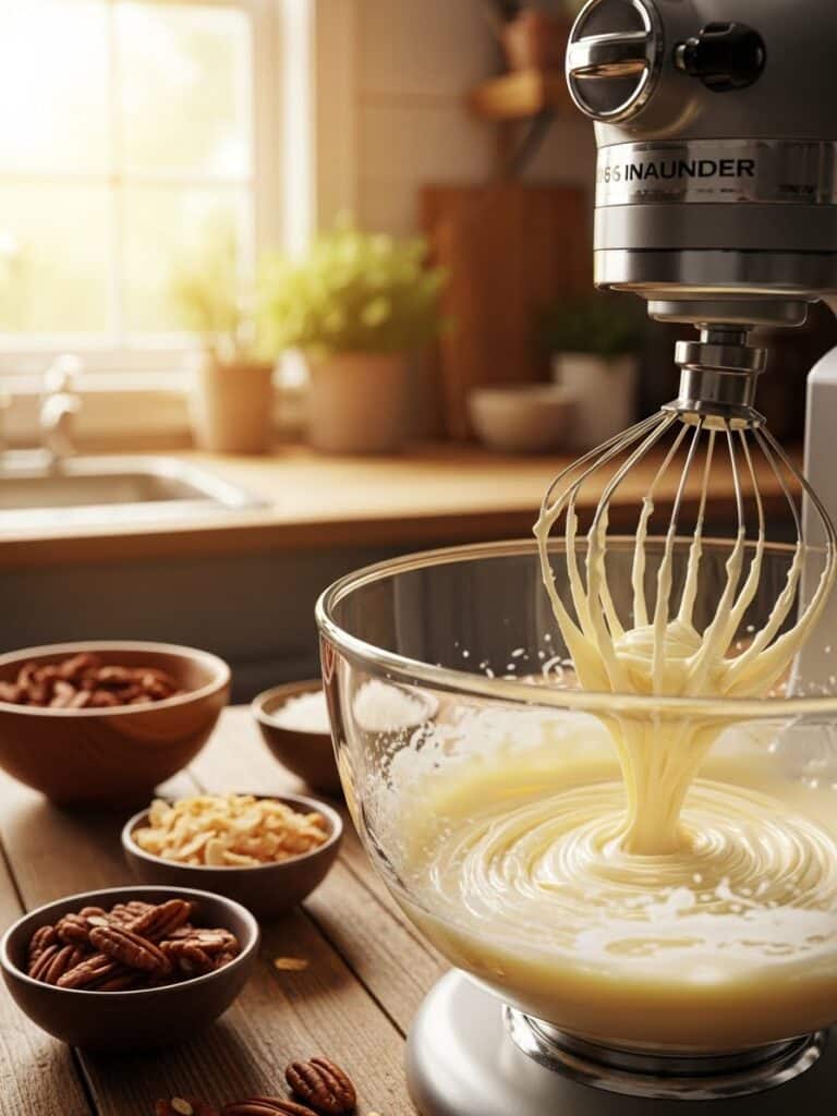Whipping butter and sweetened condensed milk to make creamy frosting for Do Nothing Cake