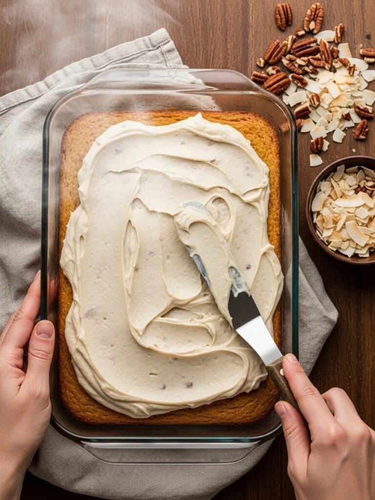 Spreading creamy coconut-pecan frosting on warm Do Nothing Cake