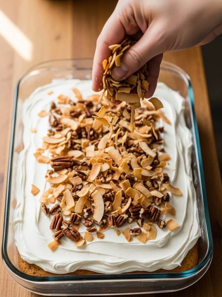 Adding toasted coconut and pecans to top warm Do Nothing Cake