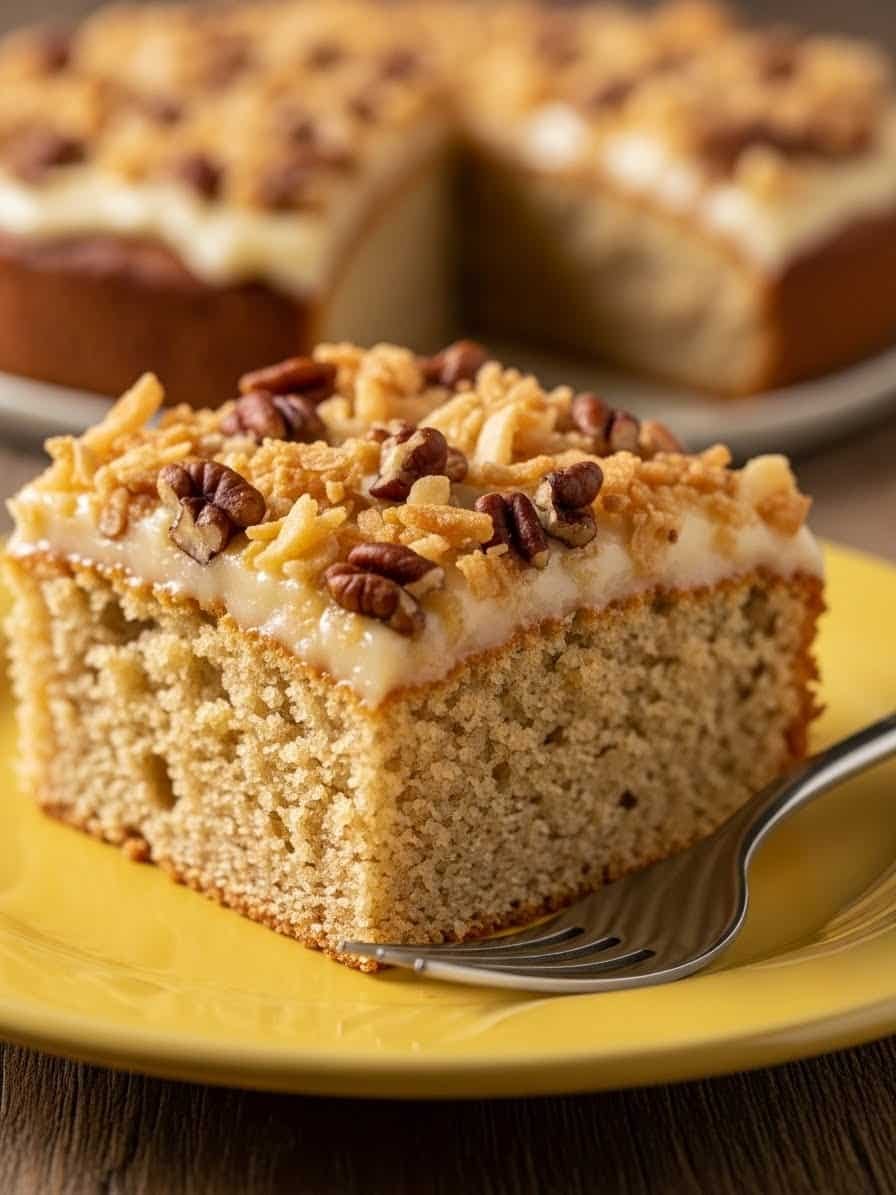 Close-up of Do Nothing Cake slice on yellow plate with coconut and pecans