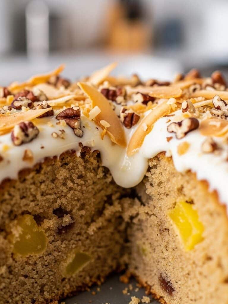 Close-up of moist Do Nothing Cake texture with frosting and pecans