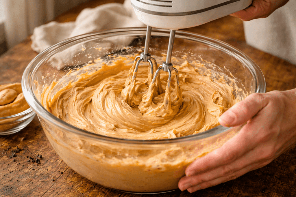 Mixing peanut butter and cream cheese in glass bowl