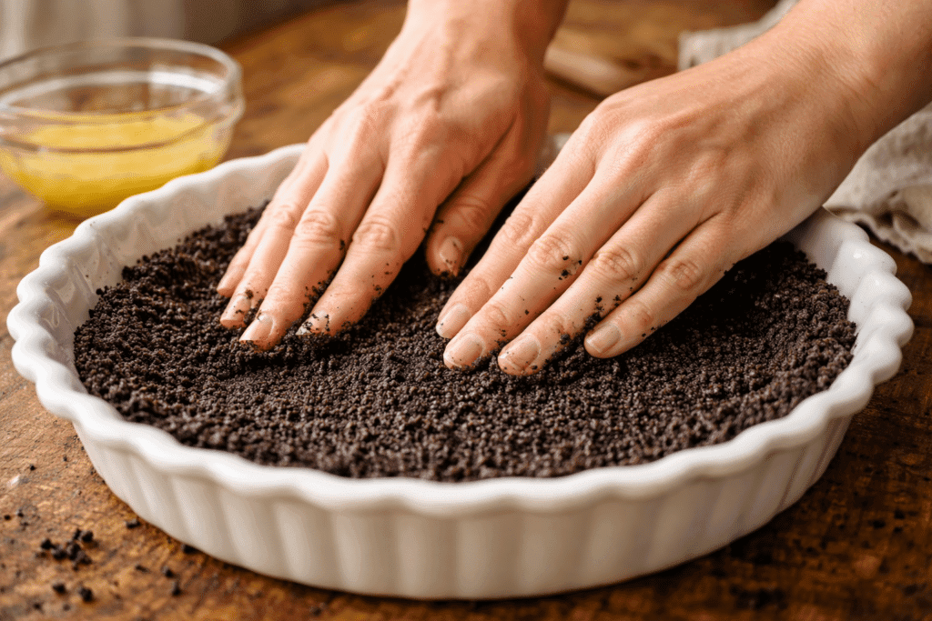 Pressing Oreo cookie crust into a pie