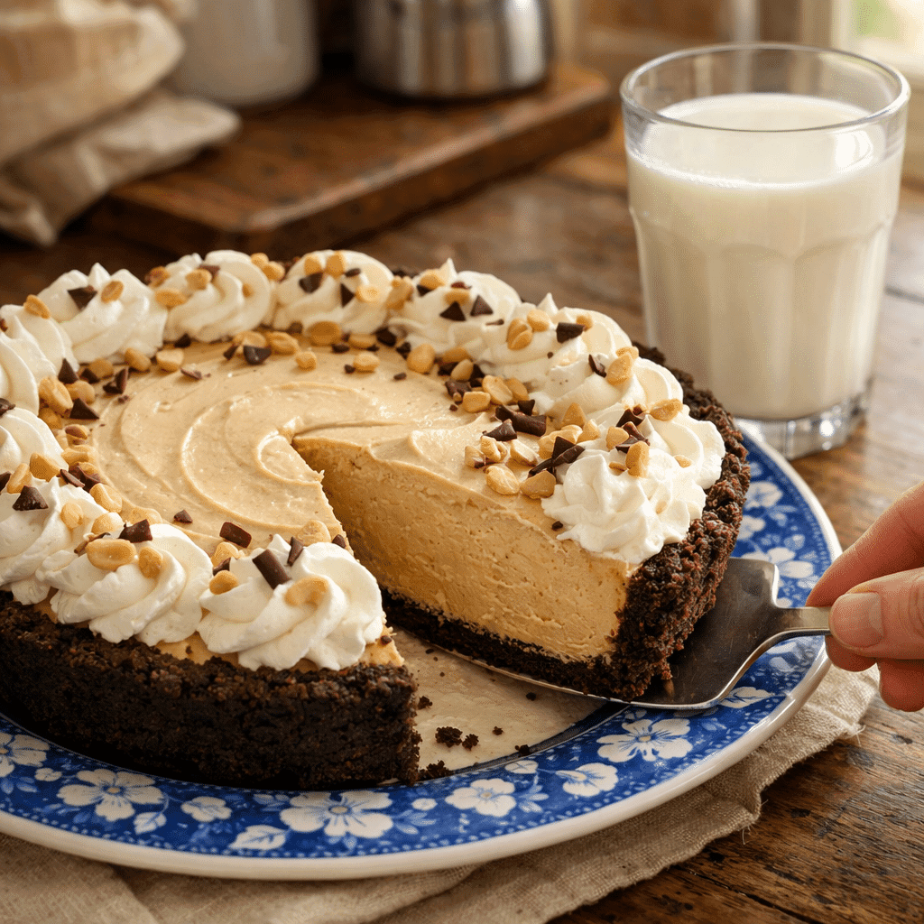 Slicing and serving Peanut Butter Pie on a blue floral plate