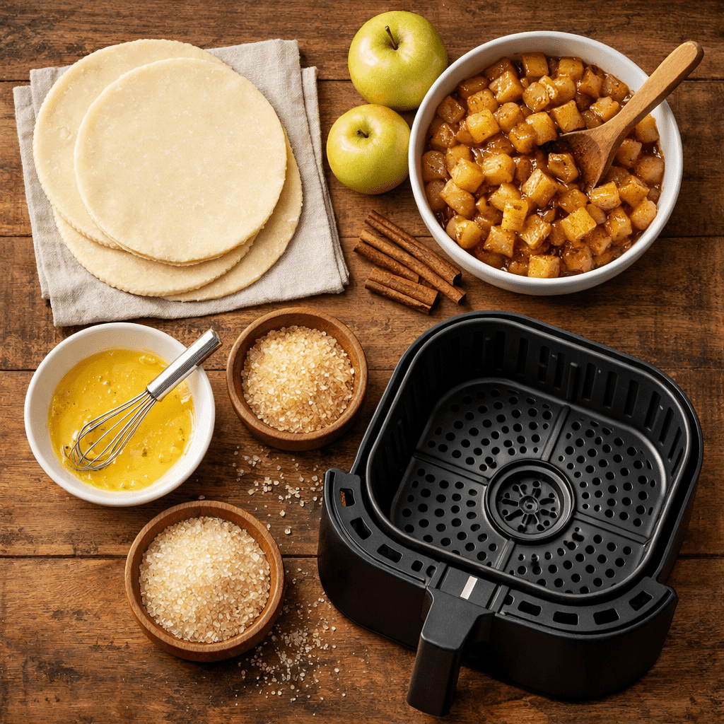 Air Fryer Hand Pie ingredients flatlay on wooden background