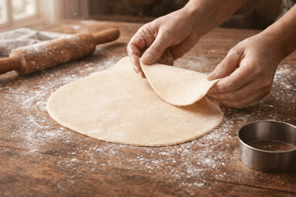 Unrolling pie crust on floured surface for Air Fryer Hand Pies