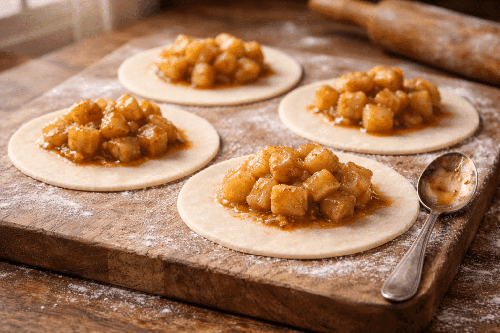 Filling Air Fryer Hand Pie dough circles with apple filling