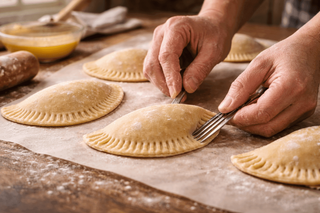 Sealing edges of Air Fryer Hand Pies with fork on parchment