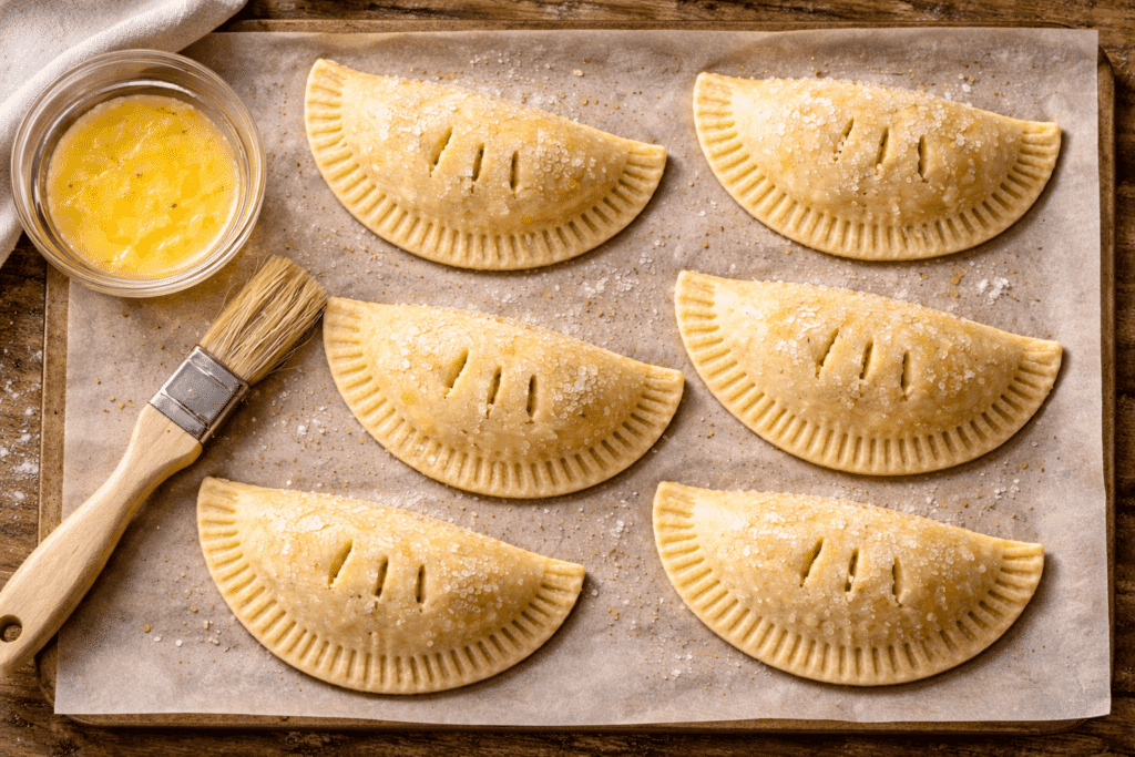 Brushing egg wash and sprinkling sugar on Air Fryer Hand Pies