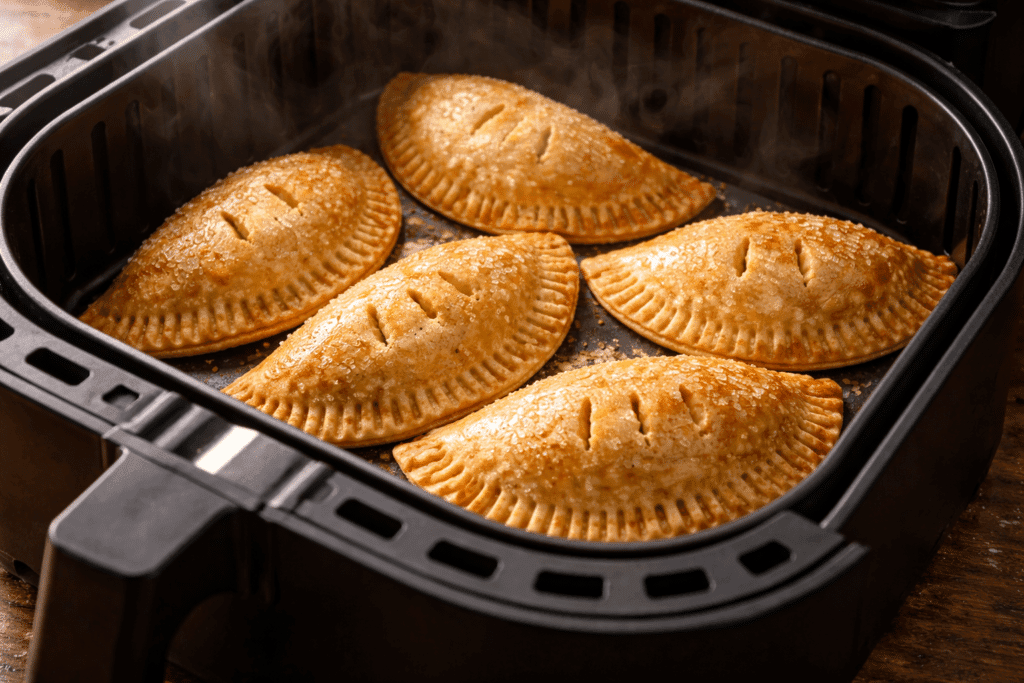 Air Fryer Hand Pies cooking until golden in the air fryer basket