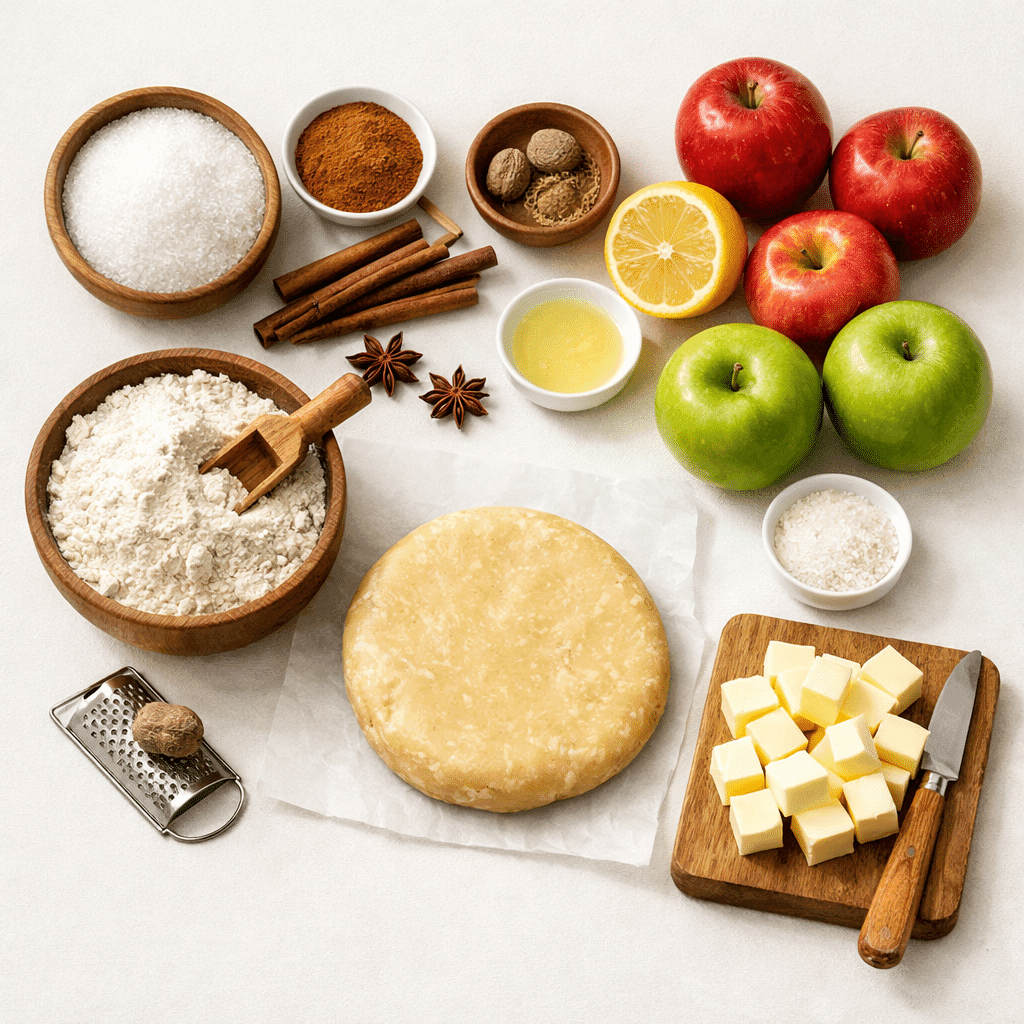 Apple Pie ingredients flatlay with apples, flour, butter, and spices