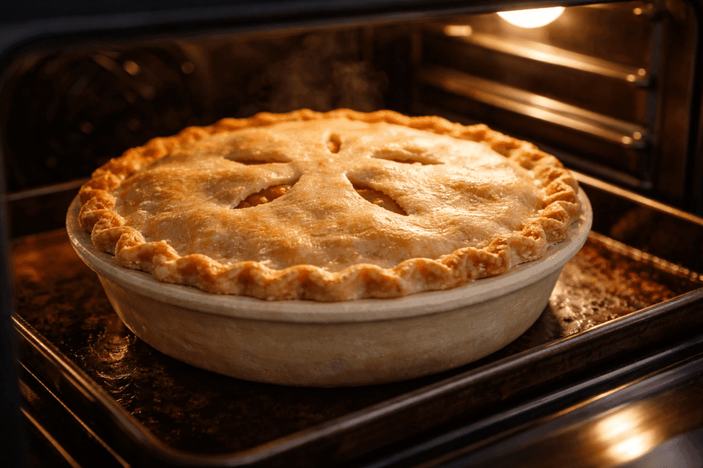 Apple pie baking in the oven with golden crust and bubbling filling