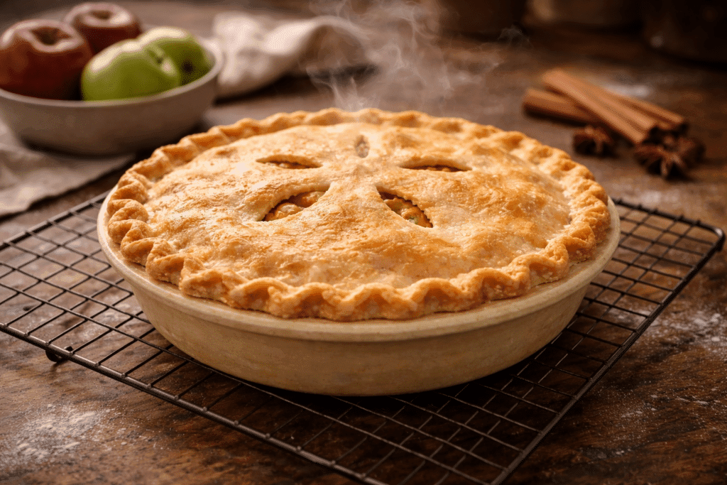 Freshly baked apple pie cooling on a wire rack with steam rising