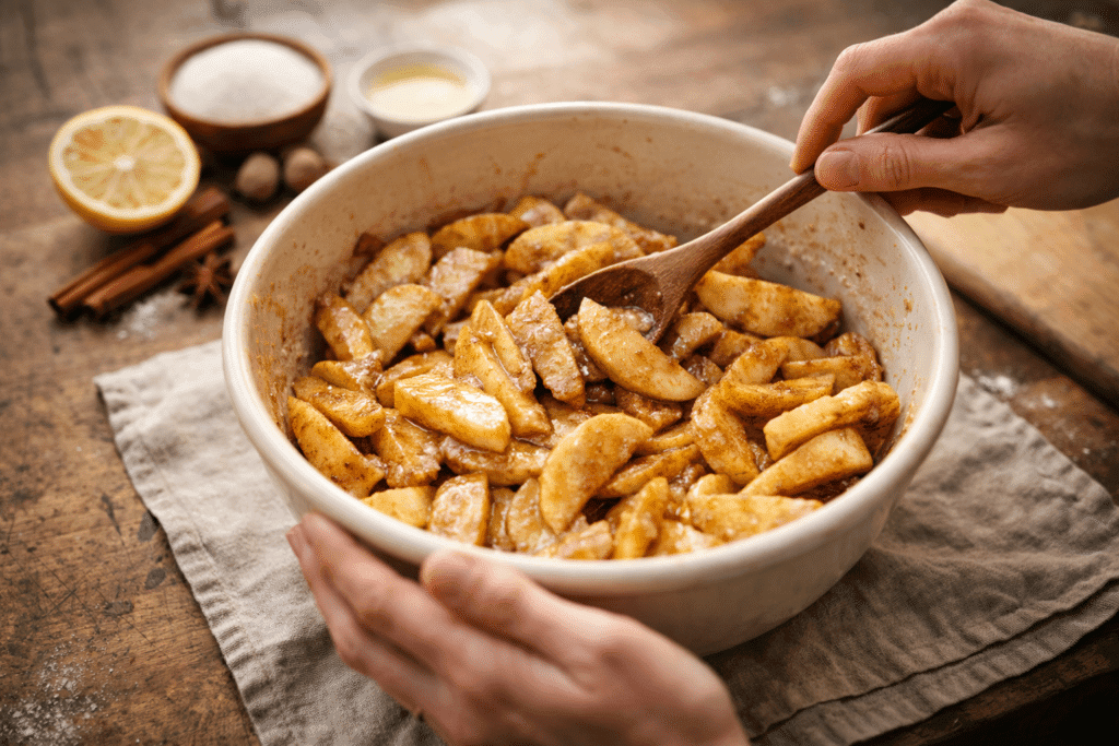Preparing apple pie filling with apples, cinnamon, and sugar in a mixing bowl