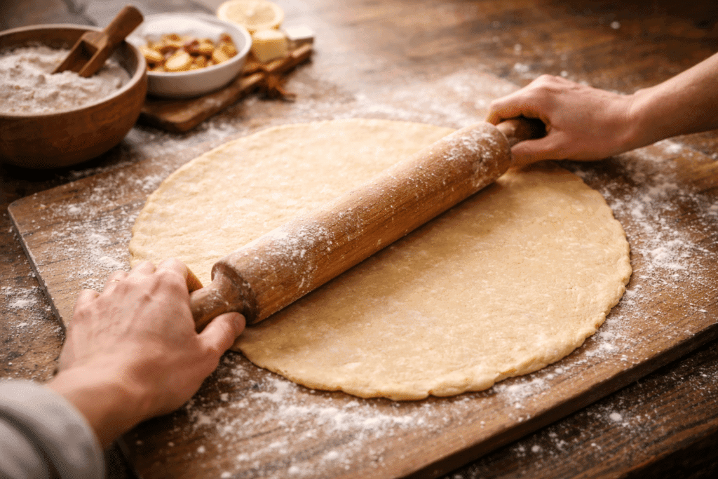 Rolling out pie dough on a floured wooden surface for apple pie