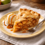 A slice of apple pie on a yellow sunburst plate with vanilla ice cream