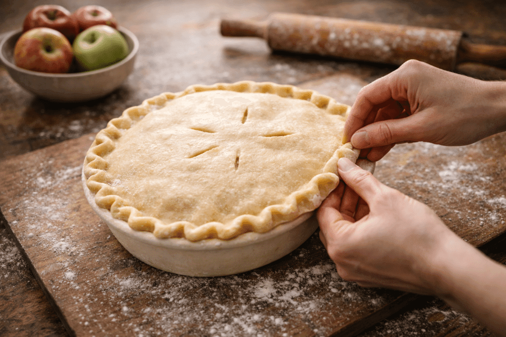 Hands placing top crust and crimping edges of apple pie before baking