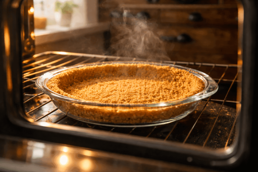 Graham cracker crust baking in oven until golden