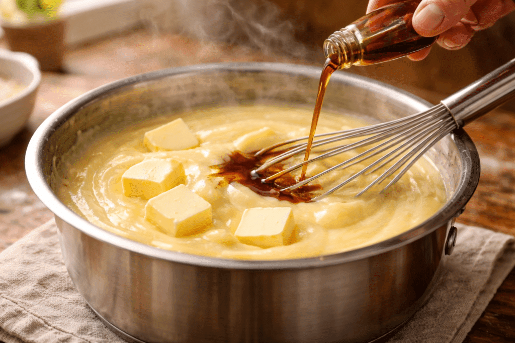 Adding butter and vanilla to warm custard for Banana Cream Pie