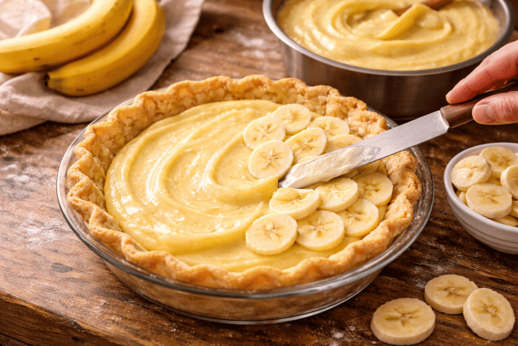 Assembling Banana Cream Pie by layering bananas and custard in baked crust