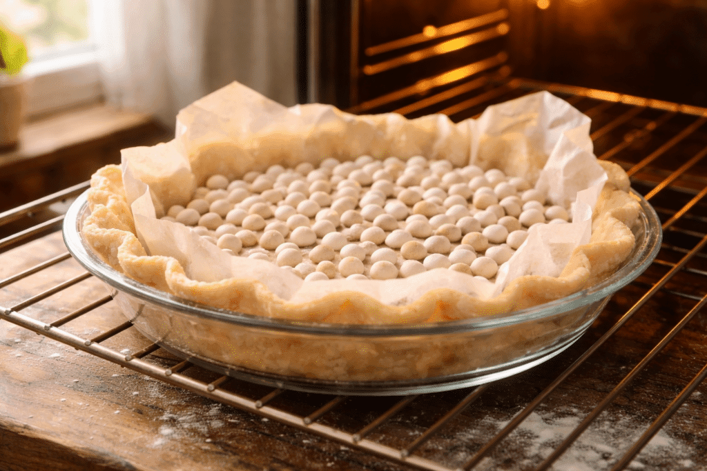 Blind baking pie crust for Banana Cream Pie with parchment and pie weights