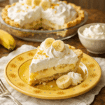 Banana Cream Pie with whipped cream garnish on wooden table