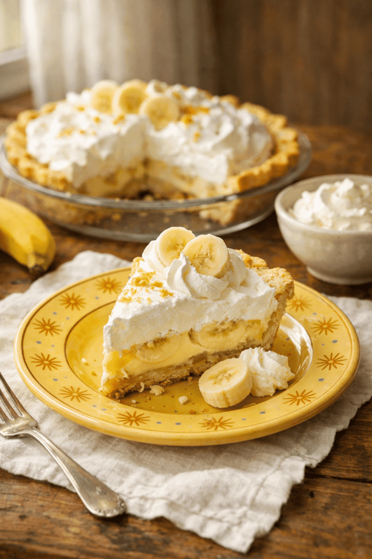Banana Cream Pie with whipped cream garnish on wooden table
