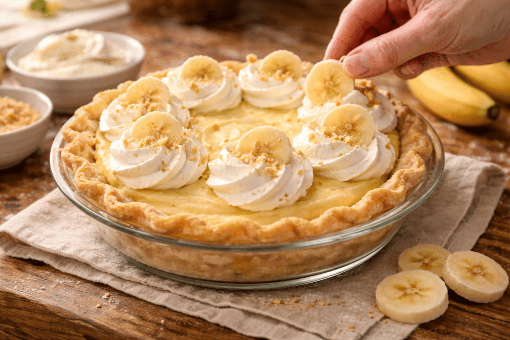 Garnishing Banana Cream Pie with whipped cream and fresh banana slices