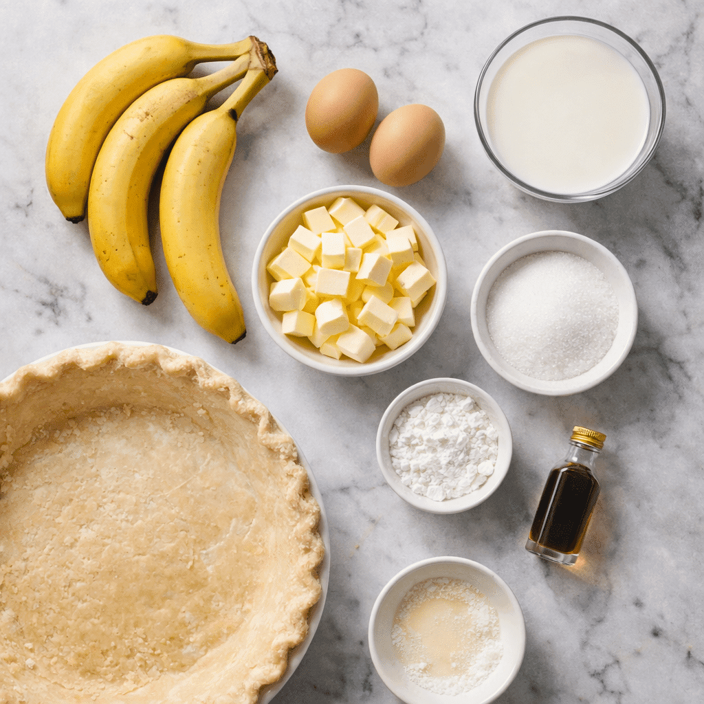 Flatlay of fresh ingredients for Banana Cream Pie