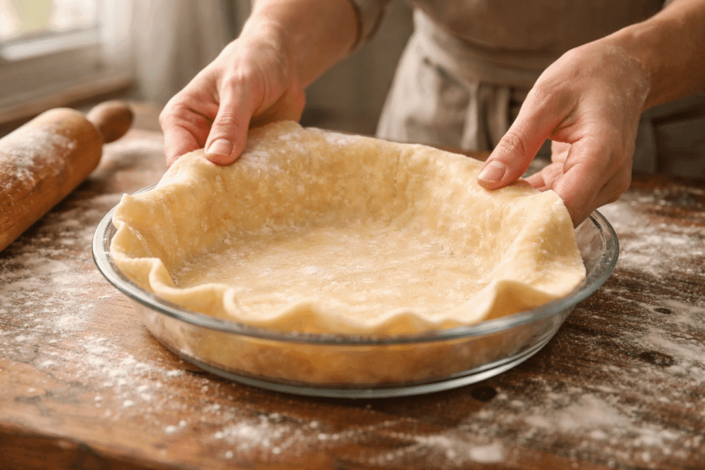 Hands preparing pie crust for Banana Cream Pie in a 9-inch pan