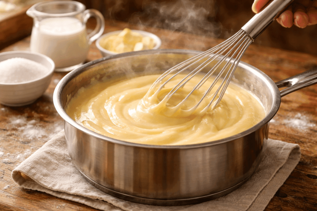 Whisking the creamy custard filling for Banana Cream Pie on the stove