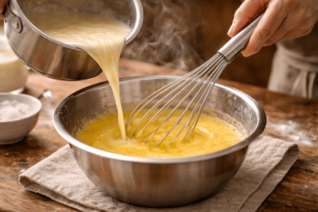 Tempering eggs by slowly whisking in hot custard for Banana Cream Pie