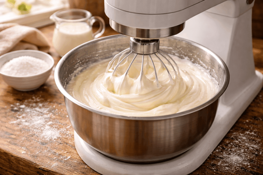 Whipping heavy cream for Banana Cream Pie topping in a stand mixer