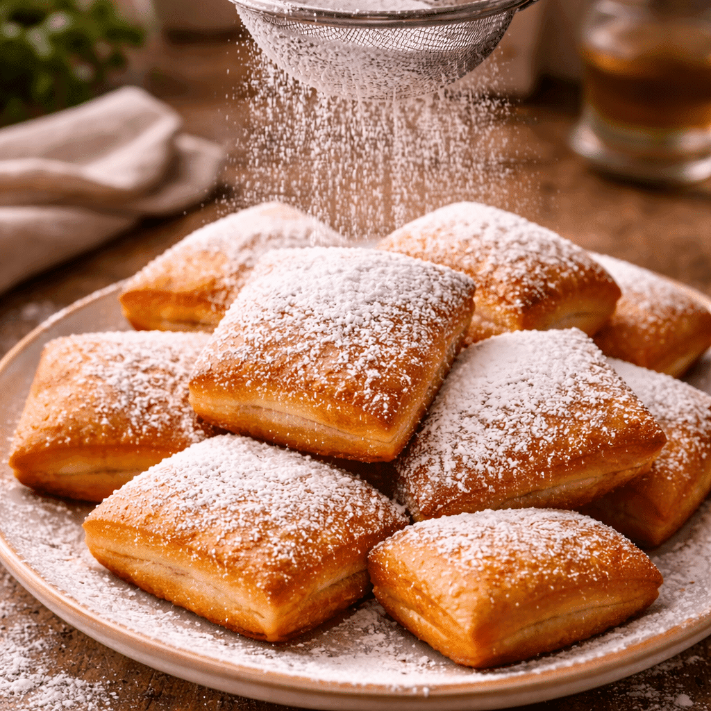 Dusting powdered sugar on beignets recipe