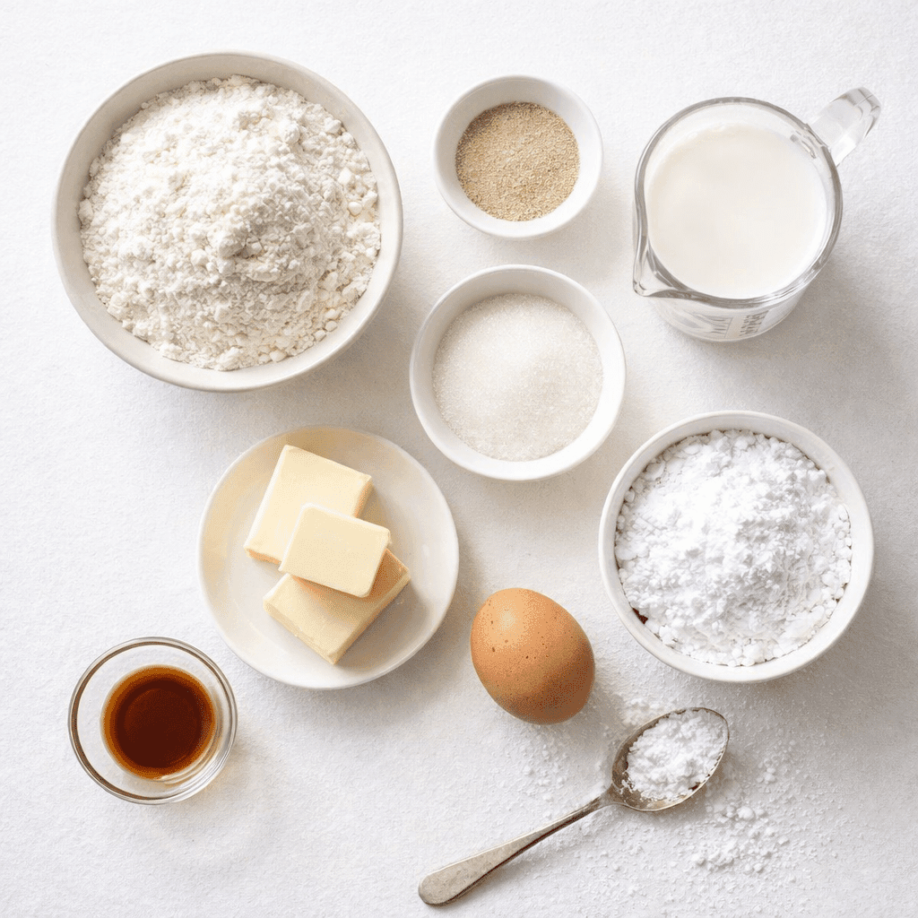 Ingredients for beignets recipe arranged on counter