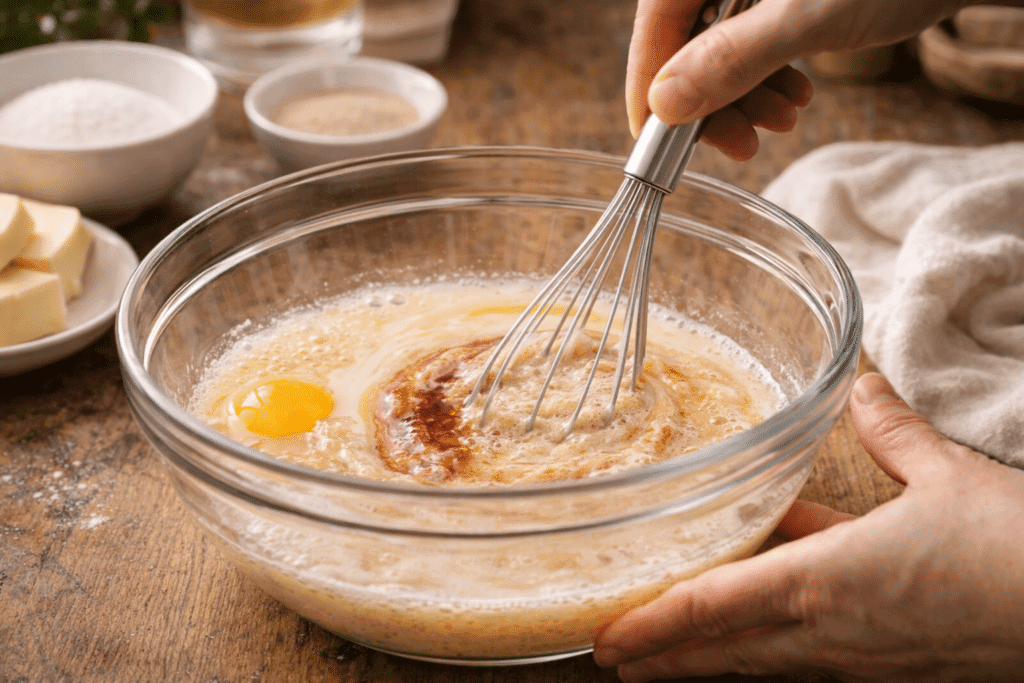 Mixing wet ingredients for beignets recipe