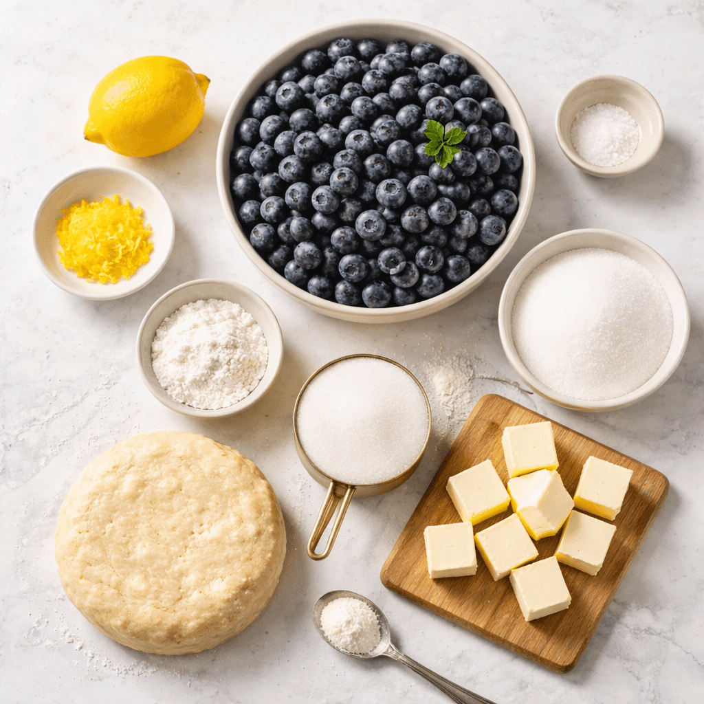 Ingredients for Blueberry Pie Recipe on white marble background”