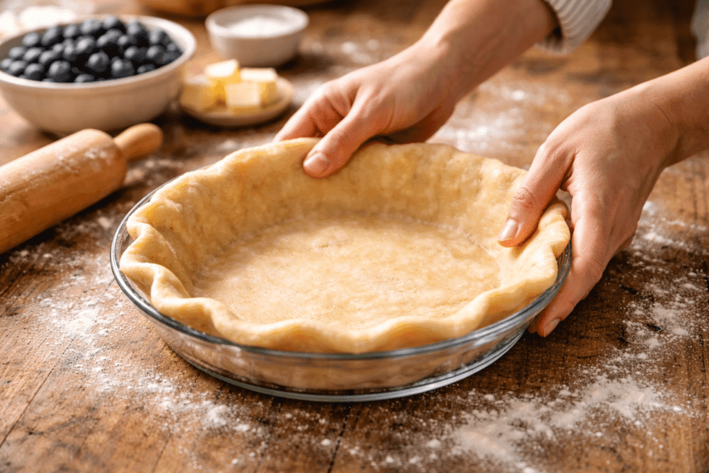 Rolling and fitting pie dough into pan for Blueberry Pie Recipe