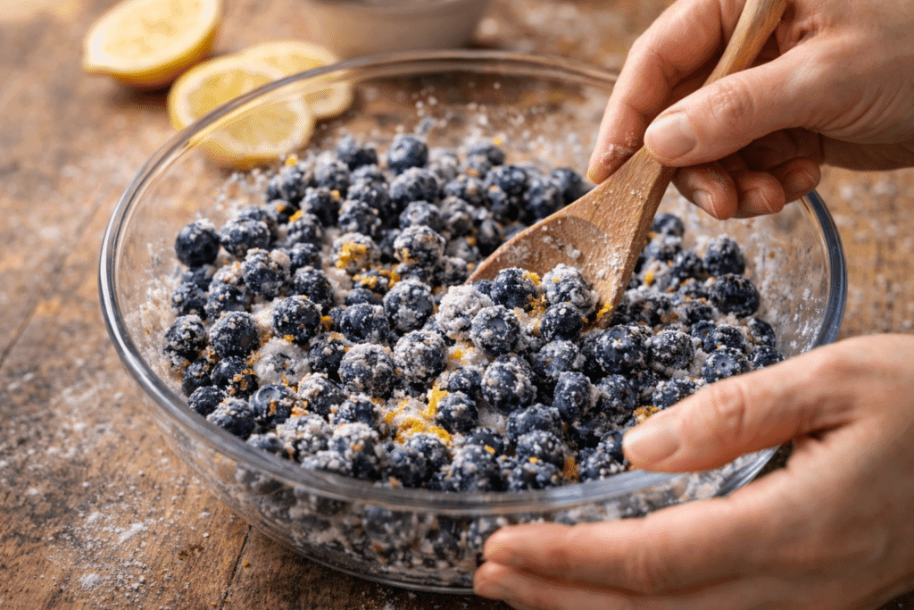 Mixing blueberry pie filling with sugar, lemon zest, and cornstarch