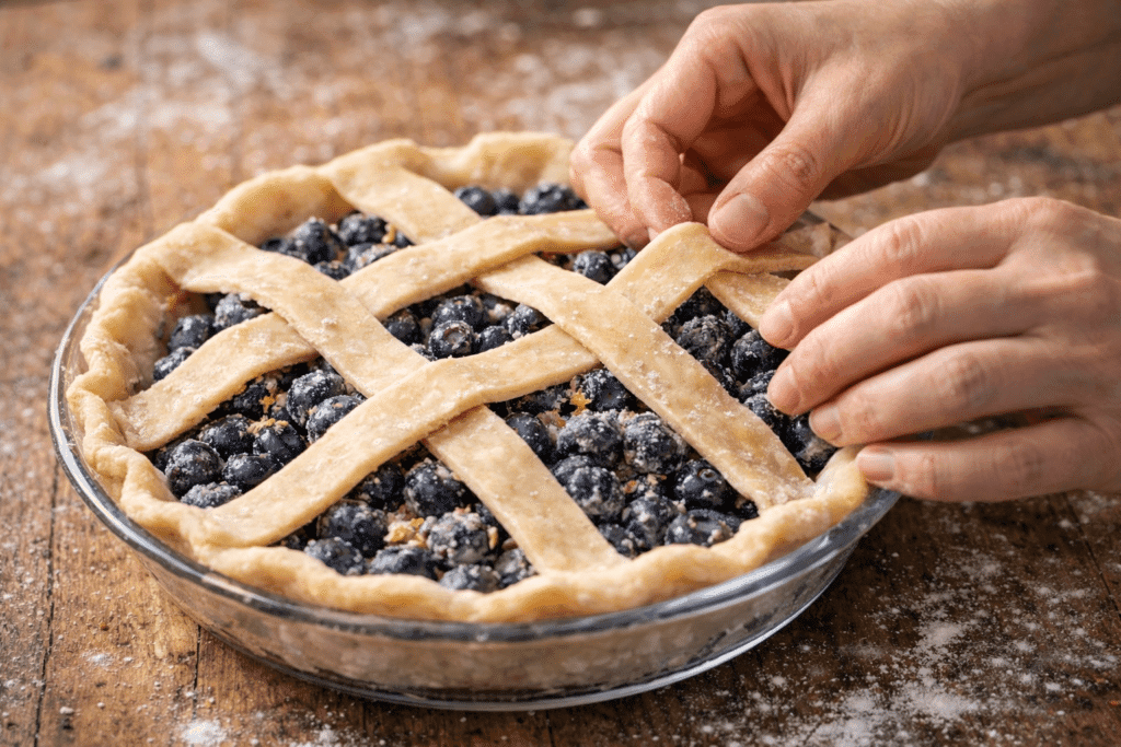 Weaving lattice crust over blueberry pie filling