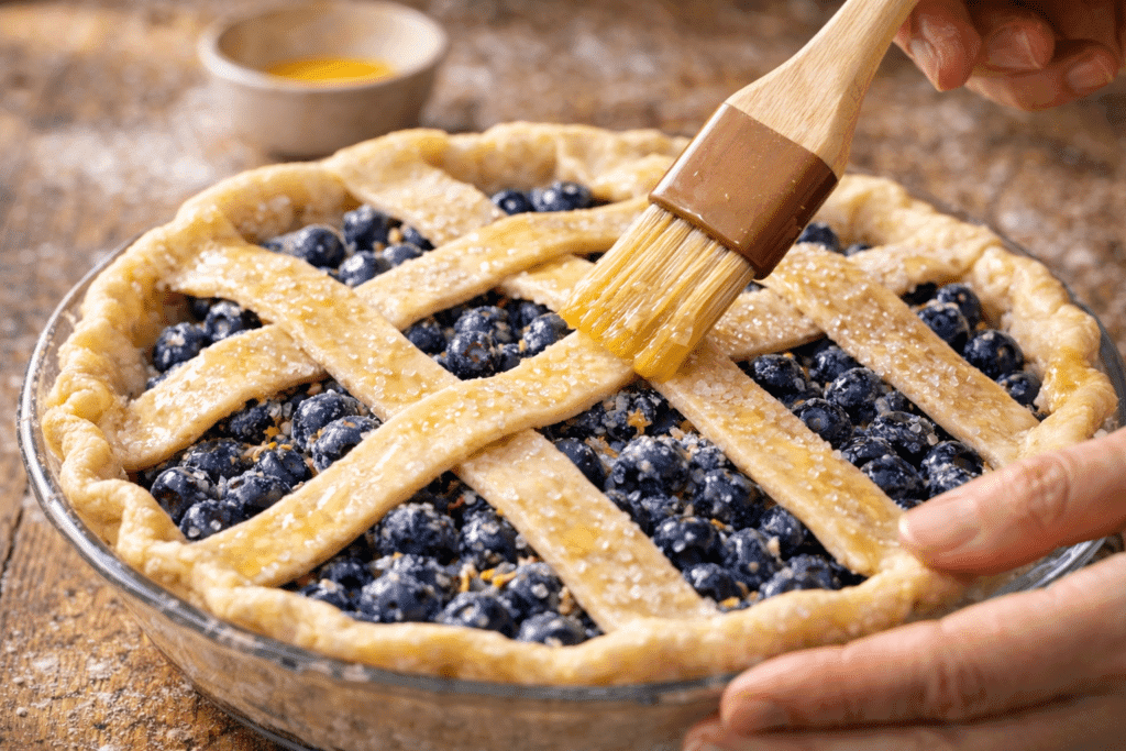 Brushing egg wash on blueberry pie crust before baking”