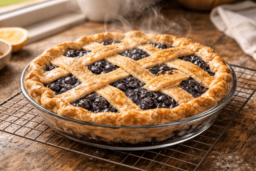 Cooling blueberry pie on wire rack before serving