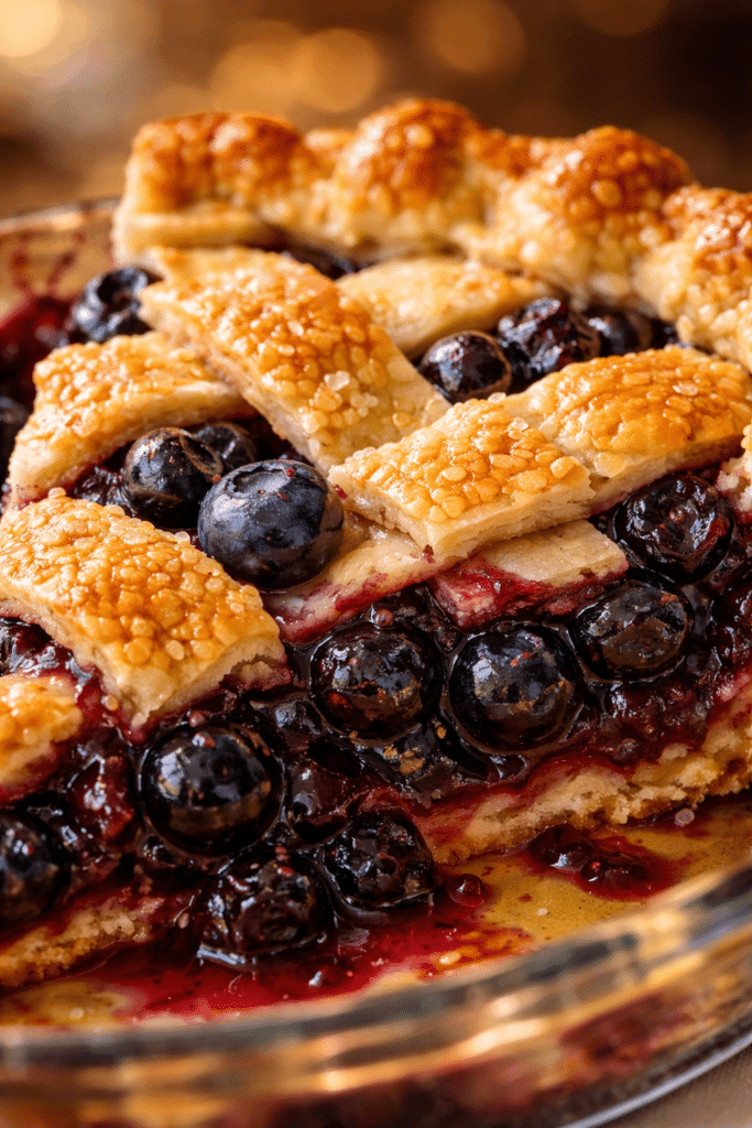 Close-up of Blueberry Pie Recipe texture with flaky crust and glossy berries
