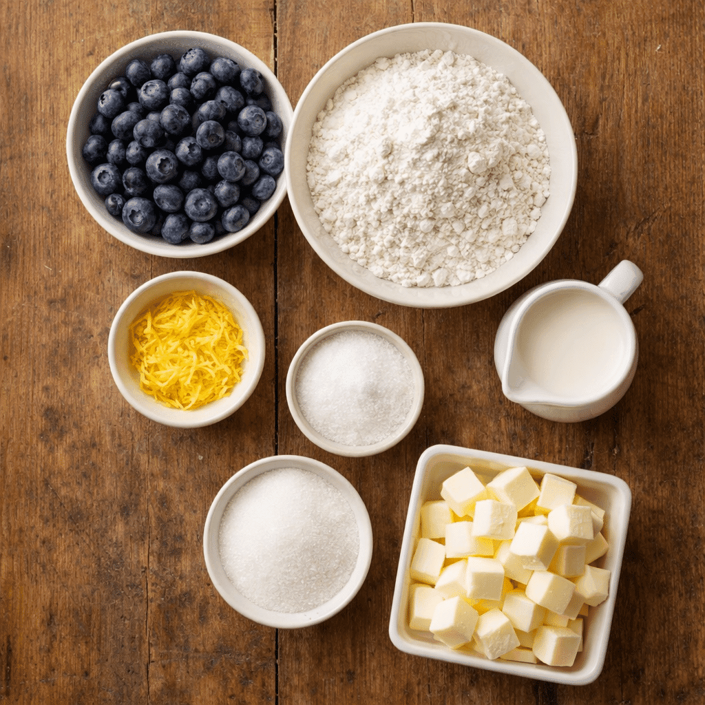 Ingredients flatlay for blueberry scones