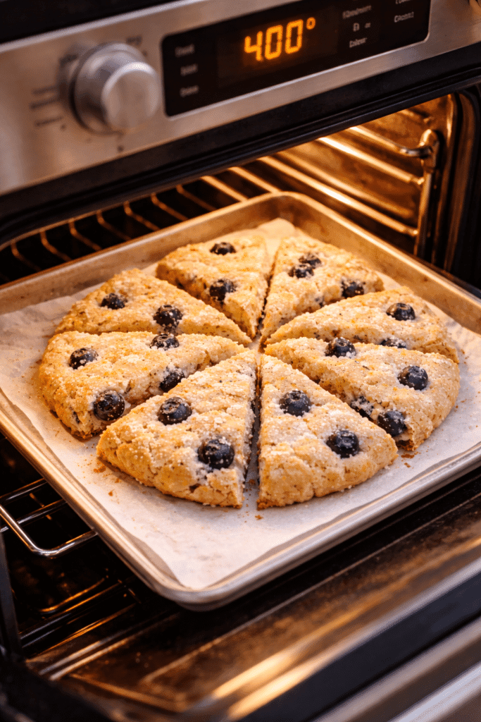 Baking blueberry scones in the oven until golden brown